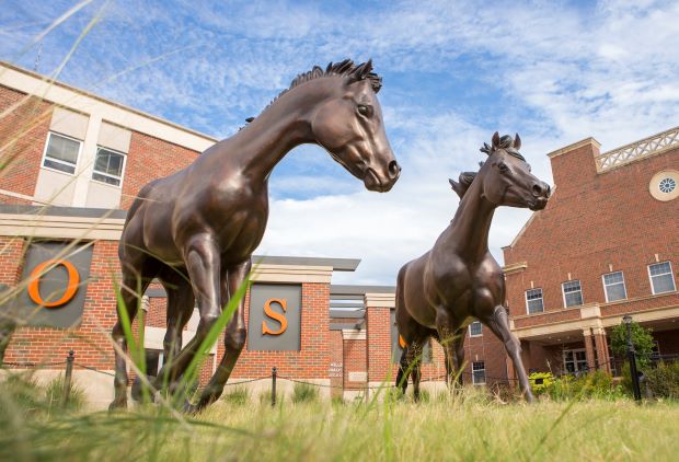 OSU Mustang statutes outside of Student Union