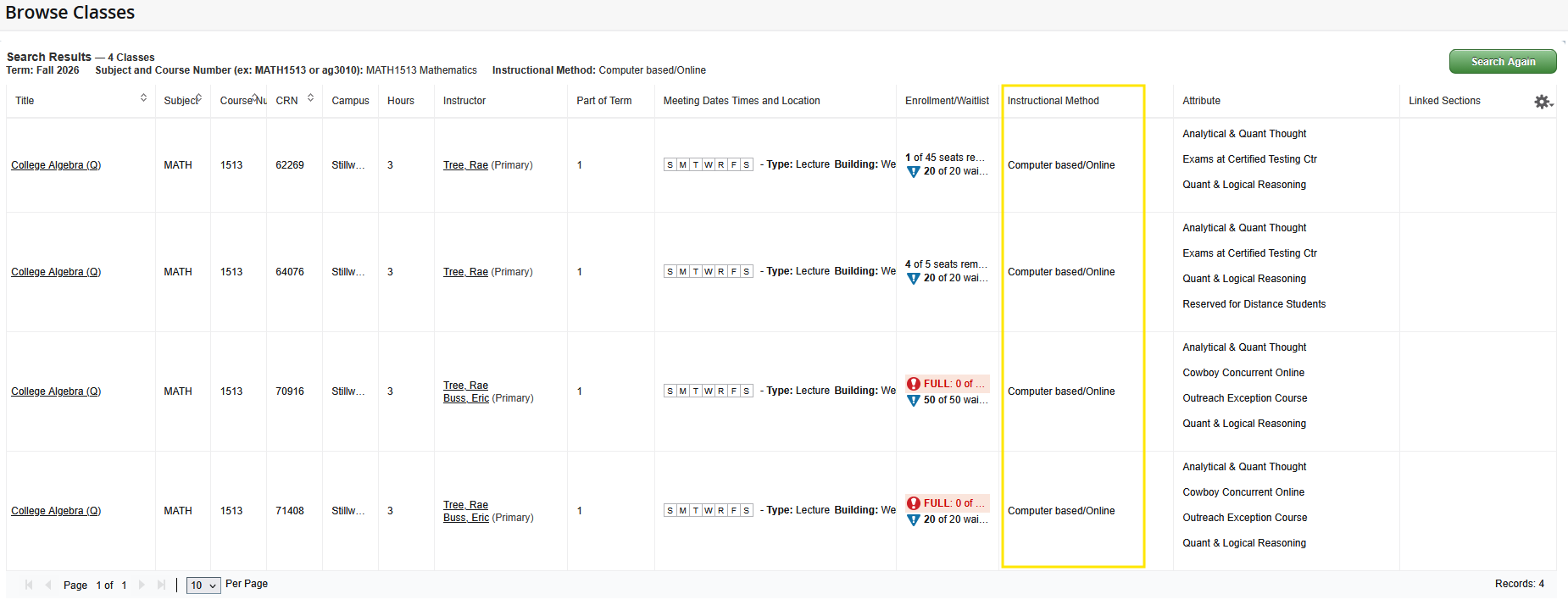 Graphic showing how results display when using Instructional Method