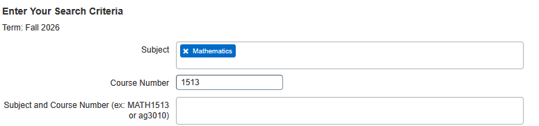 bcs-5.png Graphic showing how to enter subject and course number into Search Criteria screen