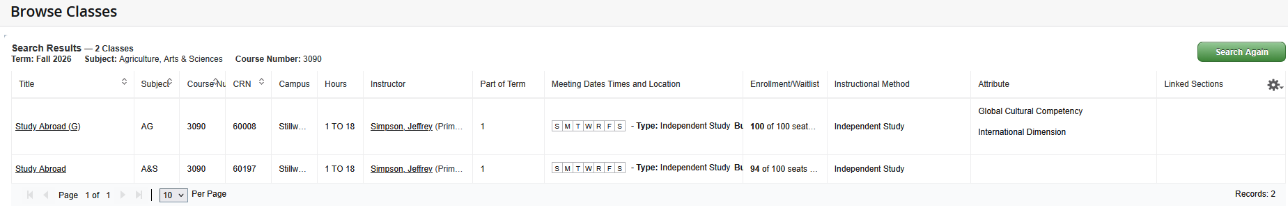 Graphic showing listing of courses in Browse Classes area