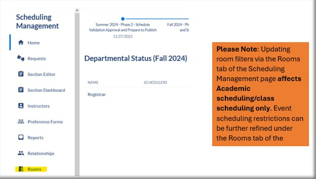 Shows location of Rooms tab.