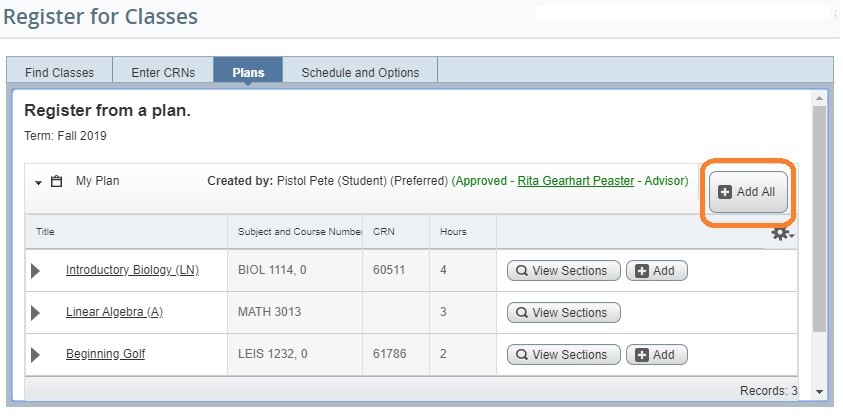 Graphic showing plans tab on Register for Classes screen in Banner.