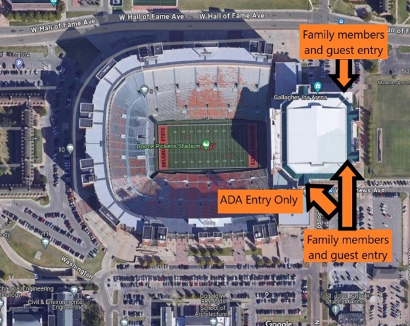 Map showing public entry points to arena for commencement.