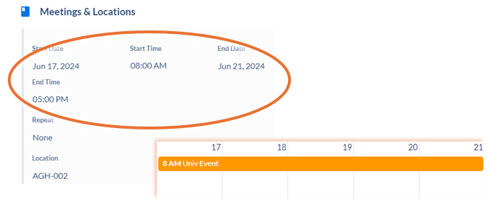 Screen showing repeating events with different start and end dates.