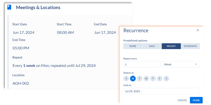 Screen showing scheduling for single or multiple days.