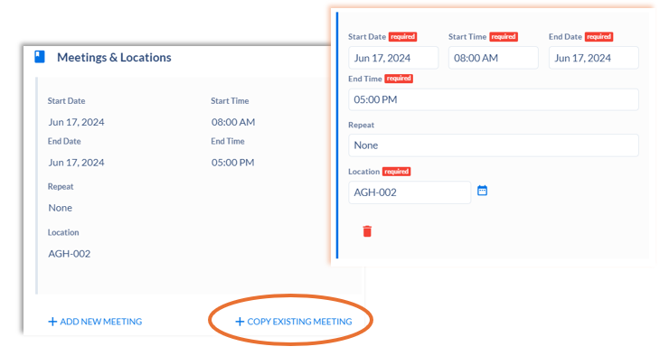 Screen showing location of Copy Existing Meeting.