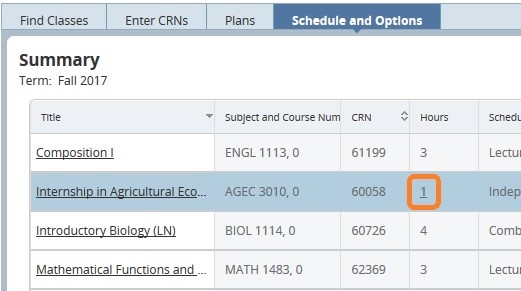 Graphic showing how hours show up as underlined when class is offered for variable credit.