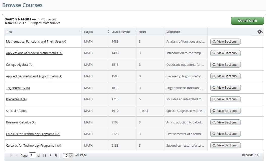 Graphic showing the Banner Browse Courses screen.