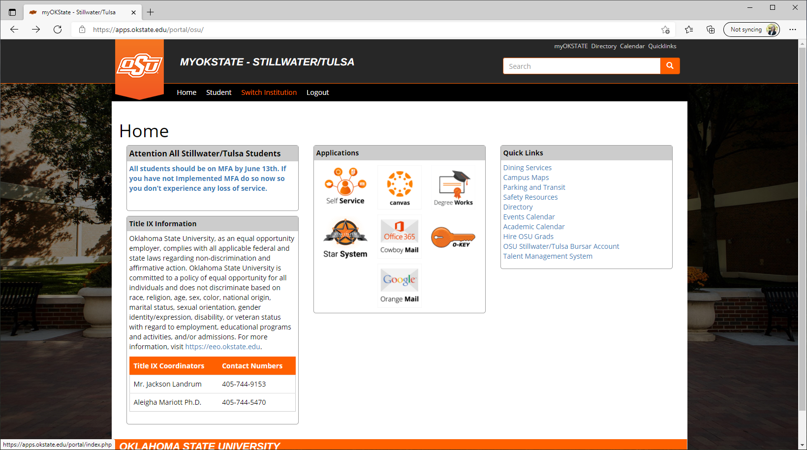 Switch Institutions in Portal Oklahoma State University
